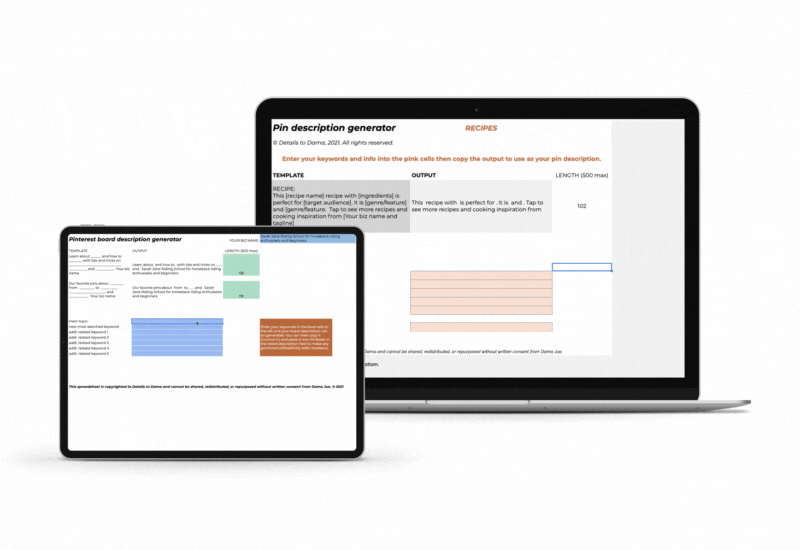 tablet and laptop showing pin description generator and board description generator being used