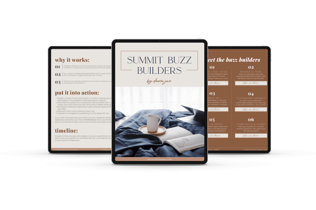 3 ipads showing sneak previews of the ebook summit buzz builders by dama jue of details to dama free organic buzz for your summit